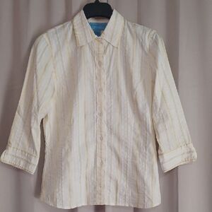 Doncaster Sport White And Cream Striped 3/4 Sleeve Button Front Collared Top